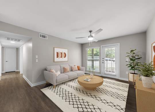 A living room with a couch, a coffee table, and a rug.