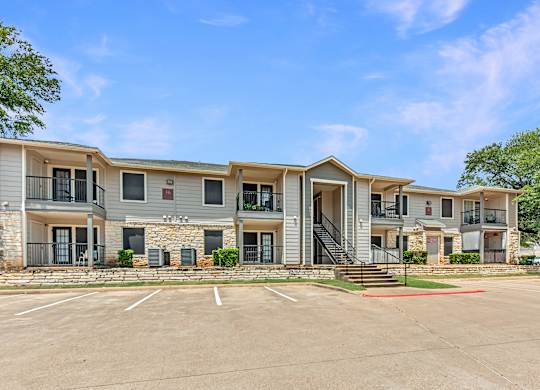 A row of townhouses with a clear blue sky above.