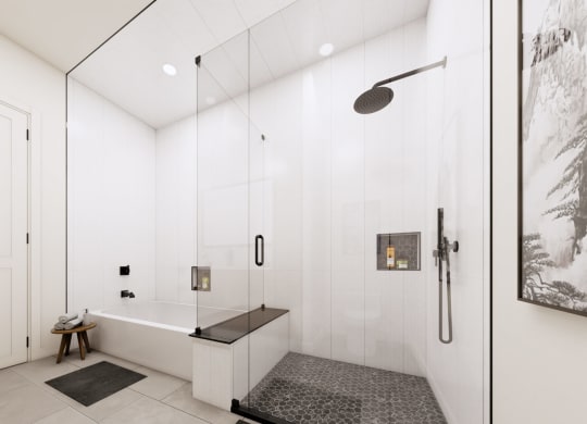 a large white bathroom with a shower and a tub