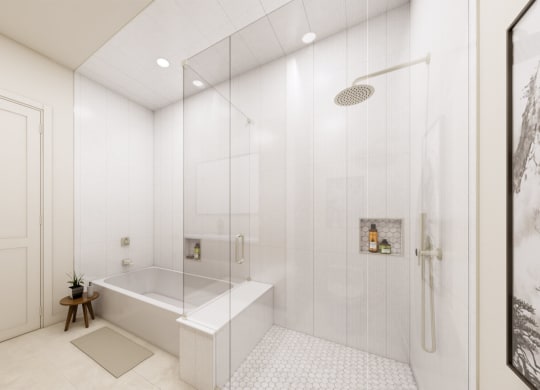 a large white bathroom with a shower and a tub