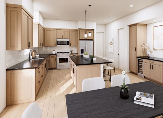 a rendering of a kitchen with wooden cabinets and a table