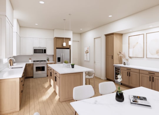 an open kitchen and dining room with a table and chairs