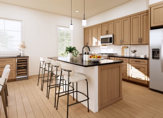 a kitchen with wooden cabinets and a island with bar stools