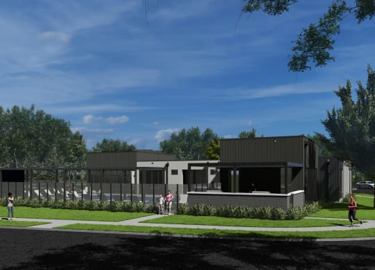 a rendering of a building with a yard and grass