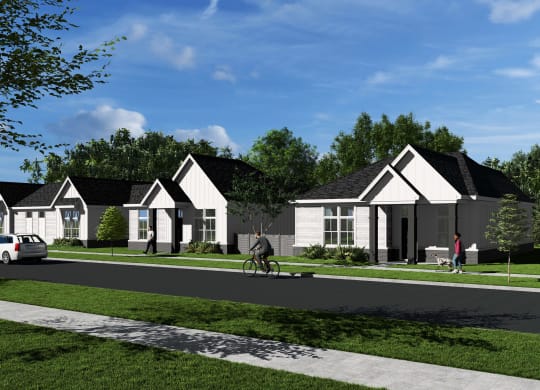 a rendering of a neighborhood with white houses and a person riding a bike