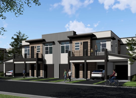 a rendering of a three story apartment building with people walking around and a car parked