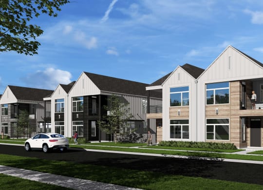 a rendering of an apartment building with a car parked in front of it