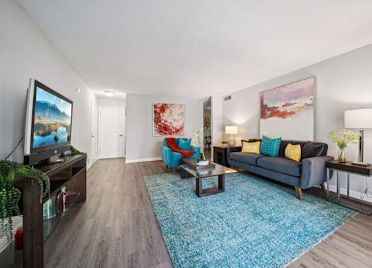 A living room with a blue rug and a grey couch.