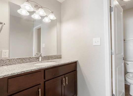 A bathroom with a white toilet and a vanity with a granite counter at The Onyx Hoover Apartments, Hoover, 35216