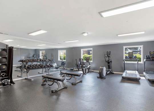 A spacious gym with a variety of equipment including treadmills, weights, and benches. at The Onyx Hoover Apartments, Hoover
