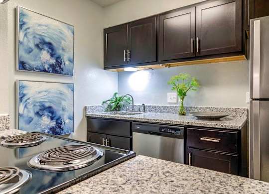 A kitchen with a stove top oven and a refrigerator at The Onyx Hoover Apartments, Hoover, Alabama