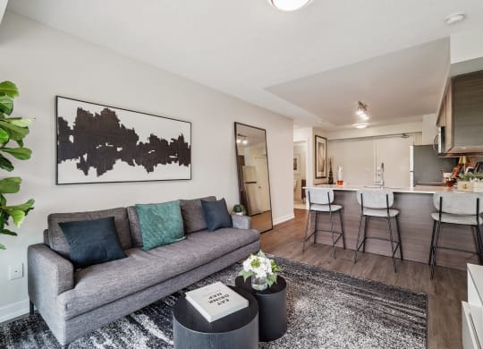 a living room with a couch and a kitchen in the background