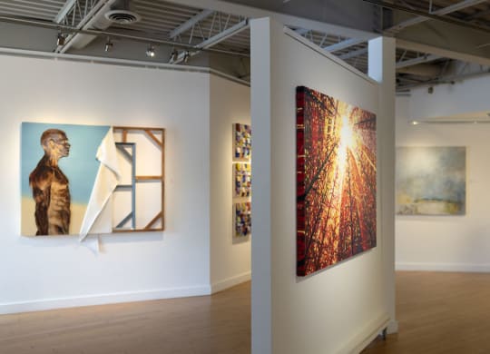 a view of a gallery with paintings and sculptures on the walls