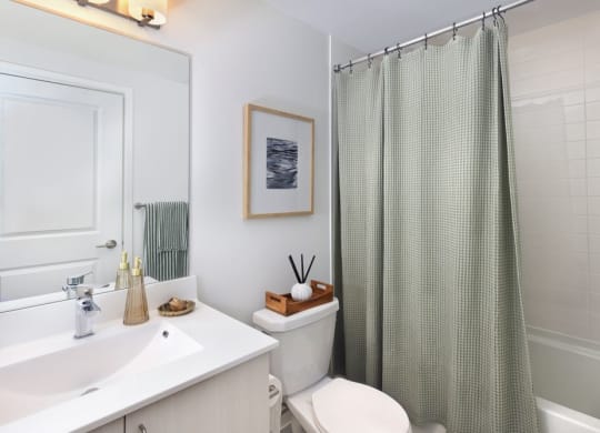 a bathroom with a shower curtain and a toilet and a sink