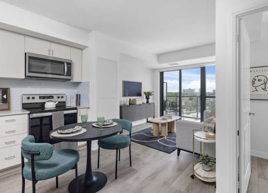 an apartment with a kitchen and a living room