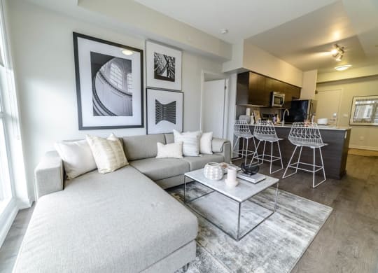 a living room with a couch and a table