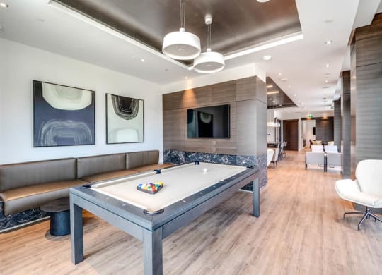 a game room with a pool table and a television