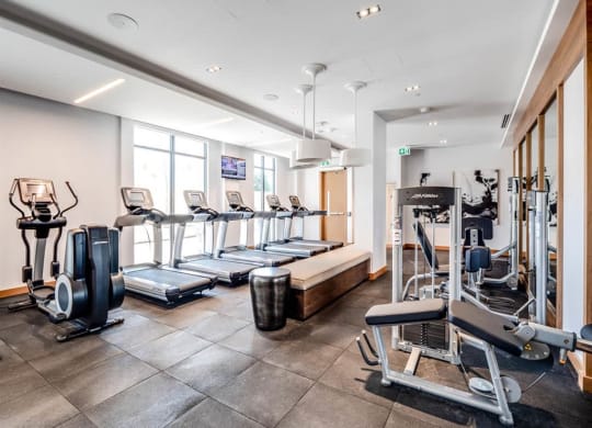 a gym with cardio equipment and weights in a room with windows