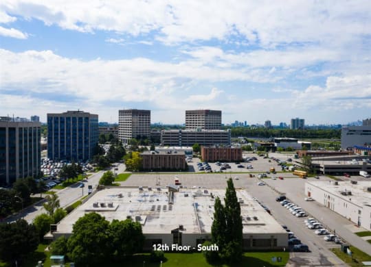 a view of the parking lot from the building