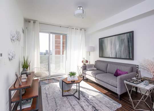 A living room with a grey couch, a coffee table, and a painting on the wall.