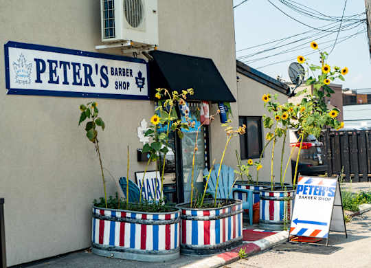Peter's Barbershop has a blue sign and red and white striped buckets outside.