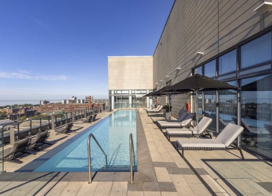 the pool on the rooftop of the building