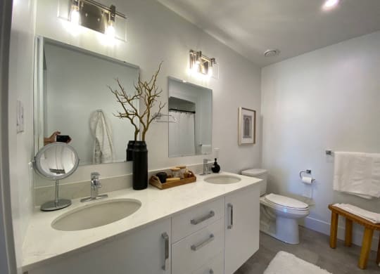 a bathroom with two sinks and a toilet