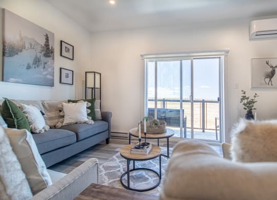 a living room with couches and a sliding glass door to a balcony