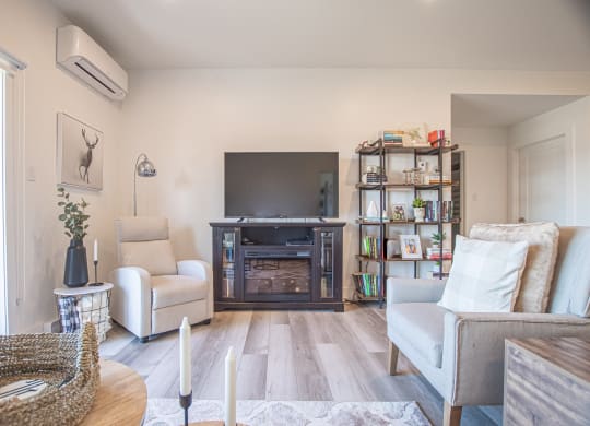 a living room with a tv and a fireplace