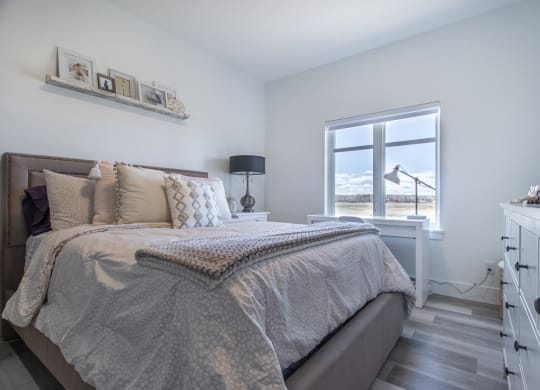 a bedroom with a bed and a window