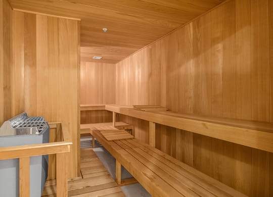 a sauna room with wooden benches and a sink at HIGHGROVE, Stamford