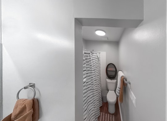 a bathroom with a toilet and a shower and a towel rack