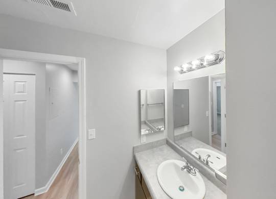 a bathroom with a sink and a mirror and a door