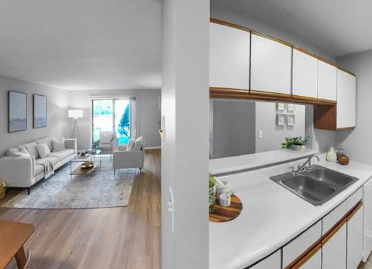 a kitchen and living room in an apartment