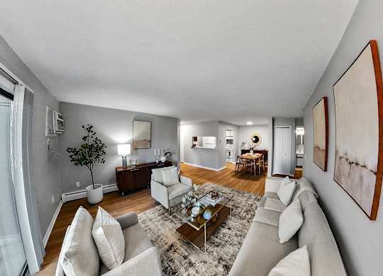 a living room with white furniture and a rug