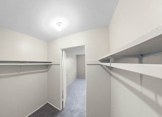a room with white walls and a closet with shelves