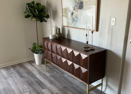 a room with a cabinet and a plant and a painting