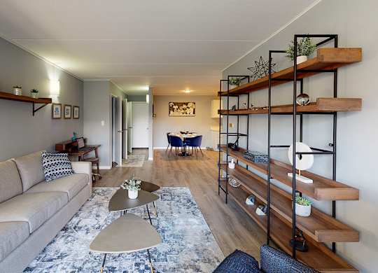 a living room with a couch and a table
