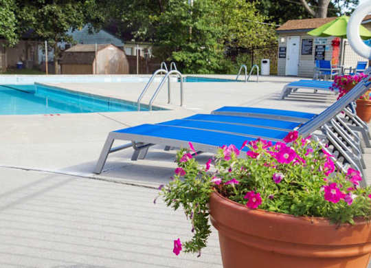 a group of blue lounge chairs next to a swimming pool
