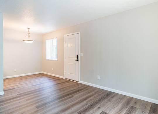 A room with a wooden floor and a white door.
