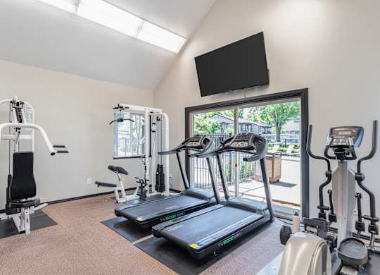 A gym with treadmills, exercise bikes, and a television.