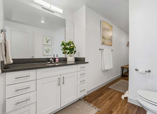 a bathroom with white cabinets and a toilet and a sink at City View St. George Apartments, St George, UT