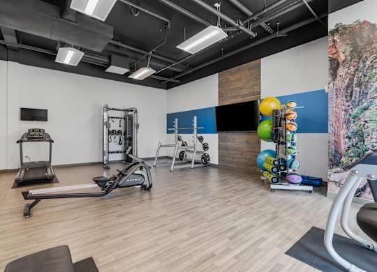 a gym with weights and exercise equipment and a wall with a colorful painting at City View St. George Apartments, St George