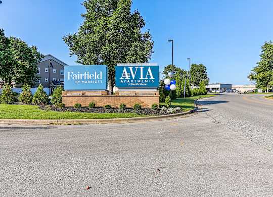 Property sign at AVIA North Shore Apartments, Jeffersonville