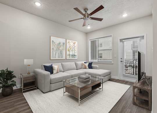 Living Room With Ceiling Fan at The Flats at Riverwoods, Provo, 84604