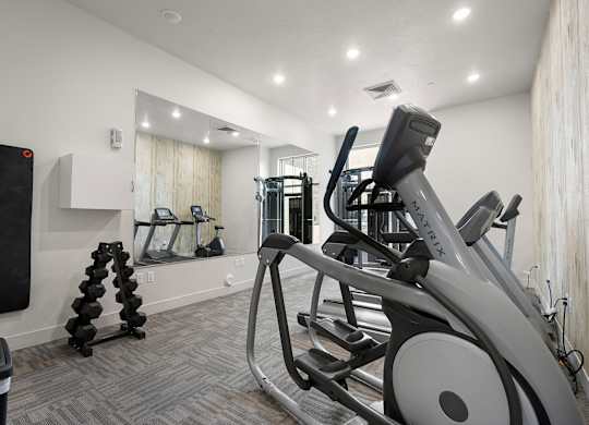 a gym with cardio equipment and weights at 200 City View, Provo, Utah