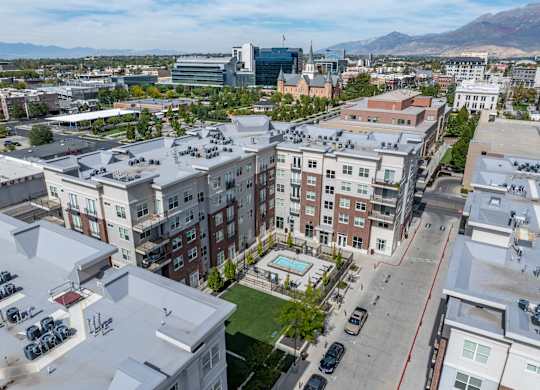 an aerial view of a city with a spa and buildings at 200 City View, Provo