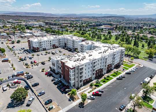 View from top showing large white building 605 Place Student Housing & Co-Living, St George, UT 84770