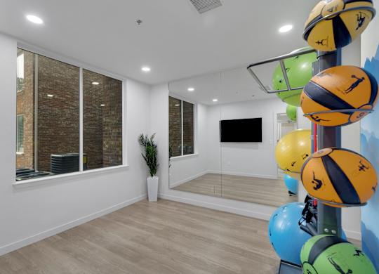 Yoga room at AVIA Apartments On Alpha, Dallas, Texas