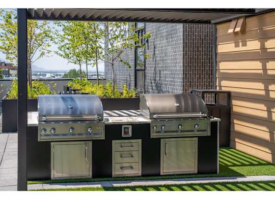 Two grills are on a patio with a view of the city.